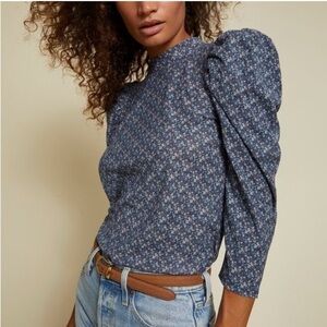 EUC Nation LTD Wildflower Floral Smocked Cotton Top Size S Puff Sleeve Mock Neck